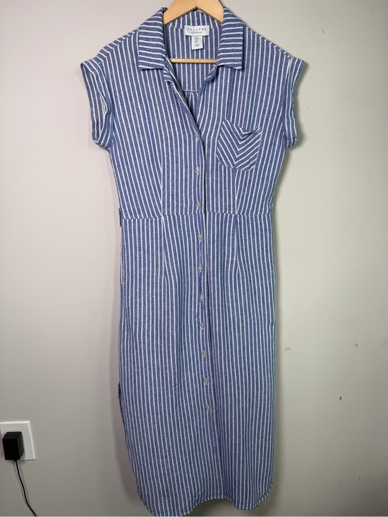Calypso St. Barth Dresses & Skirts - Calypso St. Barth Blue White Stripe Linen Button-Front Midi Shirtdress Pocket S
